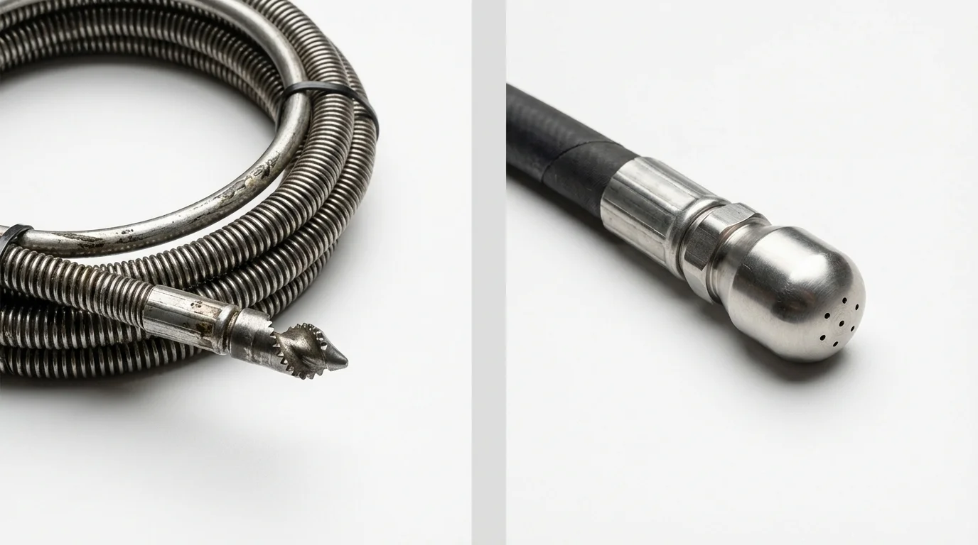 Drain snake cable and hydro jetting nozzle used for drain cleaning in San Carlos, CA