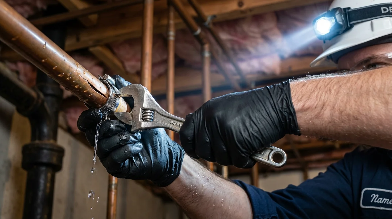 Emergency pipe clamp repair being performed by a Johns Plumbing LLC plumber in San Carlos