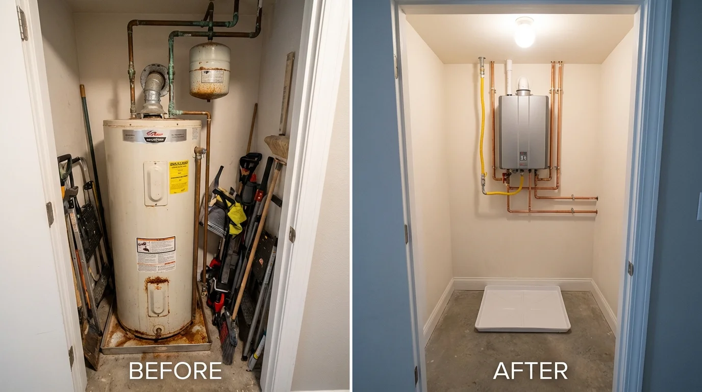 Tank water heater versus wall-mounted tankless unit comparison for San Carlos, CA homeowners