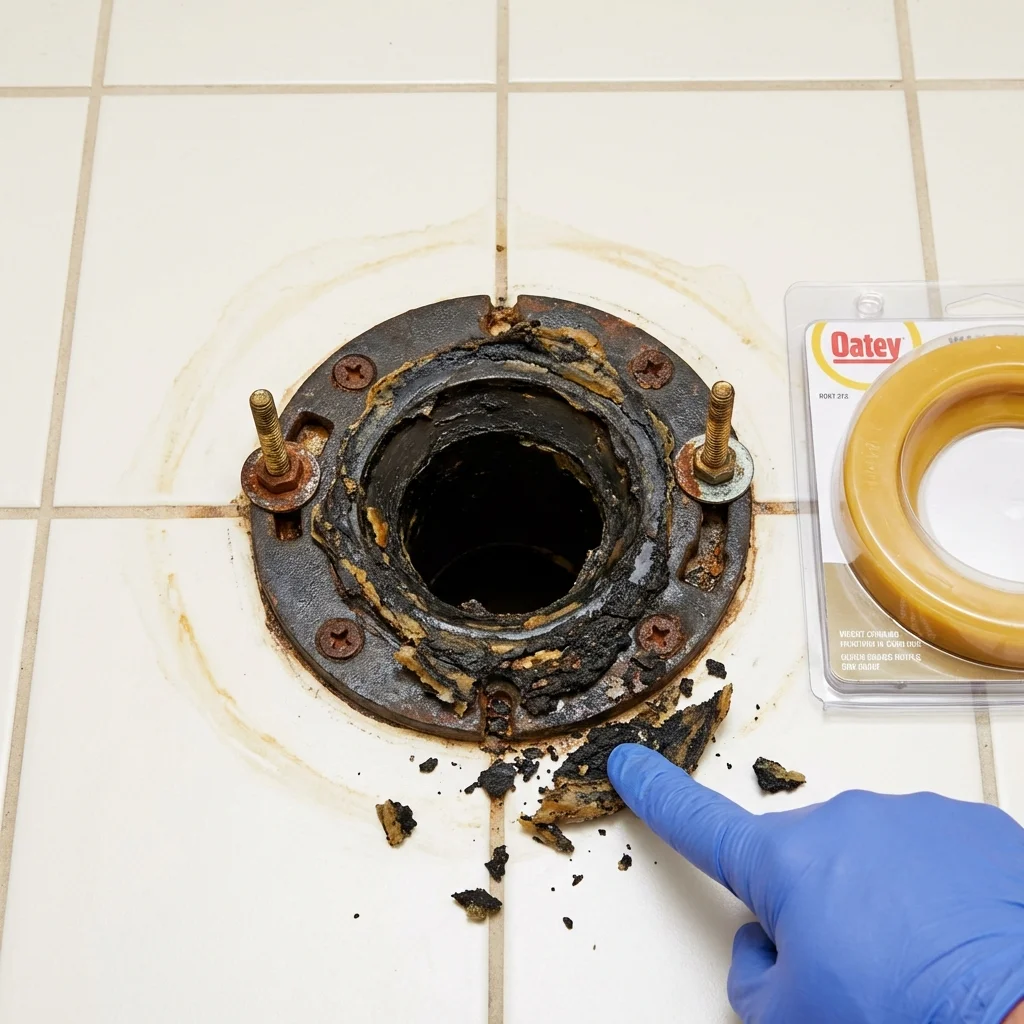 Failed wax ring showing water seepage at the base of a toilet in a San Carlos, CA home